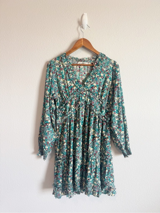 NATURAL LIFE Dresses & Skirts - Natural Life Blue Floral Tiered Raw Hem Boho Flowy Festival Mini Dress Size S